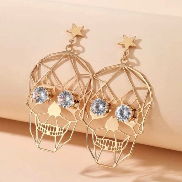 💀 Awesome Gold Metallic Rhinestone Geometric Pattern Skeleton Skull Star Studs - Picture 3 of 5